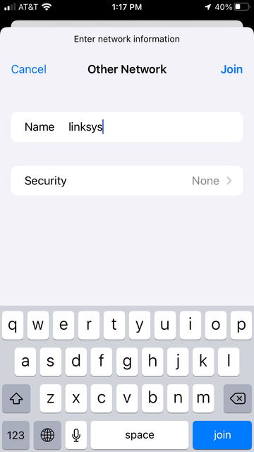 A “join other network” pop up on an iPhone. The network name entered in is “linksys” and the authentication method selected is “None”