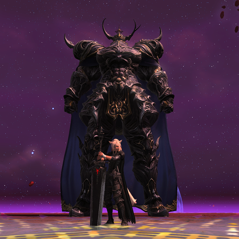 The Warrior of Light stands before her next mark with her sword drawn. FFXIV, 2025.