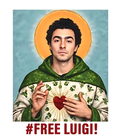 Artwork of Luigi Mangione dressed as a saint or Jesus or something, including a halo. 