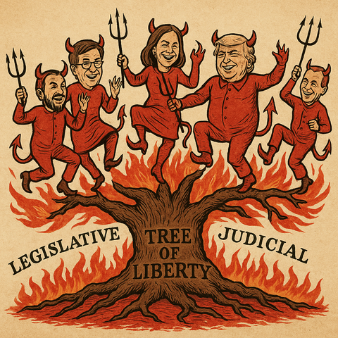 An early American-style political cartoon illustration of the "Tree of Liberty" with flaming red branches and roots, burning in a dramatic, symbolic blaze. Sitting and dancing on each labeled branch — "Executive," "Judicial," and "Legislative" — are prominent U.S. political figures: Donald Trump, Amy Coney Barrett, Brett Kavanaugh, Ted Cruz, and Mike Johnson. Each character is dressed in red devil costumes, complete with horns, tails, and pitchforks, grinning and dancing maniacally. The background is a parchment-like tan, giving the scene a vintage 18th-century political cartoon feel, with hand-drawn crosshatching and woodcut-style shading.
