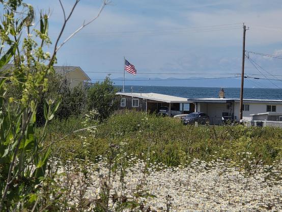 A still photograph of the American flag in Swantown. Shown is a meadow in the foreground, Houses with a flag behind the meadow and the Olympic Peninsula is in the background. 