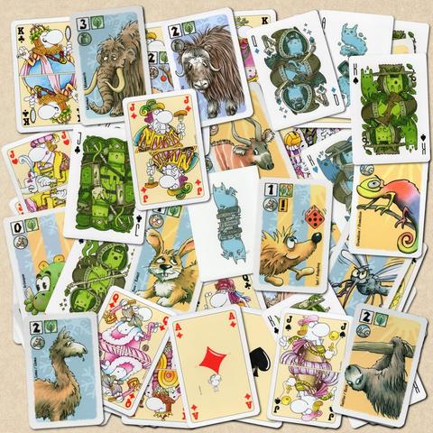 A colorful array of playing cards featuring whimsical illustrations of animals and cartoonish characters, including a mammoth, rabbit, chameleon, and more. The cards display various designs and suits, arranged in a playful, overlapping manner against a light background.