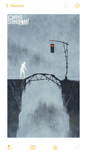 An extremely rickety, unevenly constructed bridge spans a chasm between two cliffs. Moss hangs from the bridge. About to step onto the bridge on the left side is a ghostly white figure. Across the bridge, on the right side, is an equally rickety and unevenly constructed traffic light, glowing red. Above and below, the sky and air are foggy gray. The dim outline of trees and mountains is visible through the fog. The painting is signed "Chris Silverman".