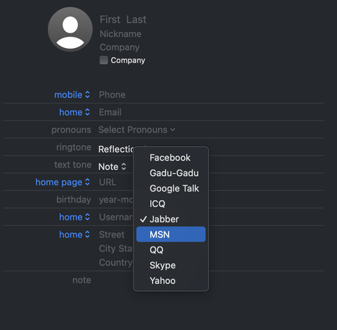 Screenshot of macOS Contacts app showing messenger dropdown:
Facebook
Gadu-Gadu
Google Talk
ICQ
Jabber
MSN
QQ
Skype
Yahoo