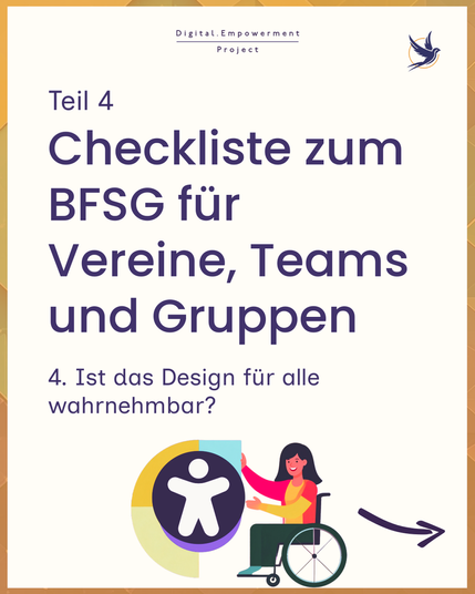 🔍 Checkliste zum Barrierefreiheitsgesetz (BFSG)


Für Vereine und selbstorganisierte Gruppen, die ihre Website barrierefrei gestalten wollen:


4. Ist das Design für alle wahrnehmbar?
