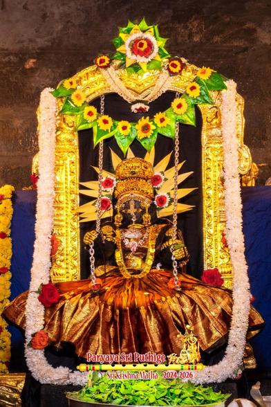 Idol of Hindu deity Krishna as Lakshmee (feminine) dressed in brown saree and seated in a swing. The pleated saree drapes fully over Krishna from the waist below, flowing well below the swing such that no part of the legs/feet are visible. Krishna wears a gold crown and several gold ornaments. Yellow Ketaki petals behind Krishna's head form a halo.

A gold arch around Krishna and the swing hangs down from the arch's top. A string of bright green beetle leaves hang just below the top of the arch. A thick string of white flowers hang down from the left side of the arch down to the floor in front of Krishna and go up the right side of the arch forming a U shape. A trough filled with green holy basil leaves on the floor in front of Krishna.

Blue cloth background.