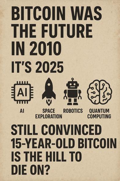 Bitcoin was the future in 2010, it’s 2025 📌 AI 🚀 Space Exploration 🤖 Robotics 🧠 Quantum Computing Still convinced 15-year-old Bitcoin is the hill to die on? 💭