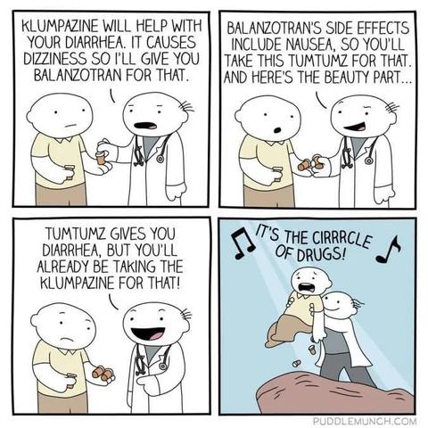 1 - doctor handing patient a bottle of pills while he is already holding a bottle of pills "KLUMPAZINE WILL HELP WITH YOUR DIARRHEA. IT CAUSES DIZZINESS so I'LL GIVE YOU BALANZOTRAN FOR THAT."

2 - doctor hands him another bottle "BALANZOTRAN'S SIDE EFFECTS INCLUDE NAUSEA, so YOU'LL TAKE THIS TUMTUMZ FOR THAT. AND HERE'S THE BEAUTY PART.."

3 - doctor smiles while guy looks confused 'UMTUMZ GIVES YOU DIARRHEA, BUT YOU'LL ALREADY BE TAKING THE KLUMPAZINE FOR THAT!'

4 - the doctor holds him up like in lion king '🎵it's the cirrrrcle of drugs!🎵'

puddlemunch.com