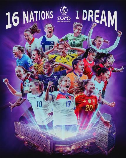 Affiche avec les 16 nations qualifiées à l'euros, représentées par 16 joueuses.