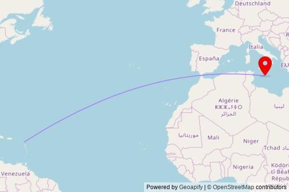 A map showing the great circle route from Fitches Creek in Antigua and Barbuda to a map pin at Church of St George, Triq Alfons Maria Galea, Birżebbuġa, BBG 1651, Malta