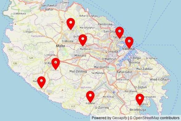 A map showing every place of worship we have visited so far in Malta including:
Knisja ta’ San Ġorġ in Birżebbuġa
Knisja Parrokkjali Marija Assunta in Qrendi
Il-Kapella ta' San Pawl Eremita in Mosta
L-Kappella ta' Santa Marija tal-Virtù in Rabat
Il-Knisja Parrokjali tal-Madonna tas-Sacro Cuor in Sliema
Greek-Catholic church Our Lady of Damascus in Valletta
Kappella ta' Santa Marija Maddalena in Dingli
Lija Parish in Lija