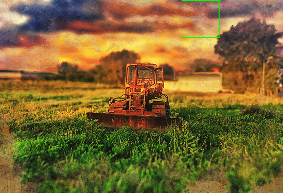 Old Rusty Bulldozer On A Grass Field At Sunset With Vintage Look