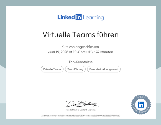 Ein Zertifikat zum Thema "Virtuelle Teams" führen. Der Online Kurs wurde erfolgreich absolviert. 