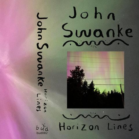 The album cover for John Swanke's, Horizon Lines album showing a pink and green aurora over trees with power lines in the foreground. The artist and release information is hand written around the photo.
