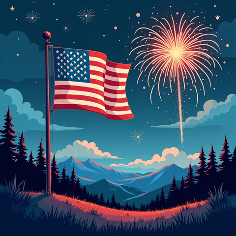 Model: Drunk Momi
(1980s retro futuristic illustration, comic book, vector, 4k, hyper-detail) US Flag under Fireworks at Night, with forests, mountains, and plains