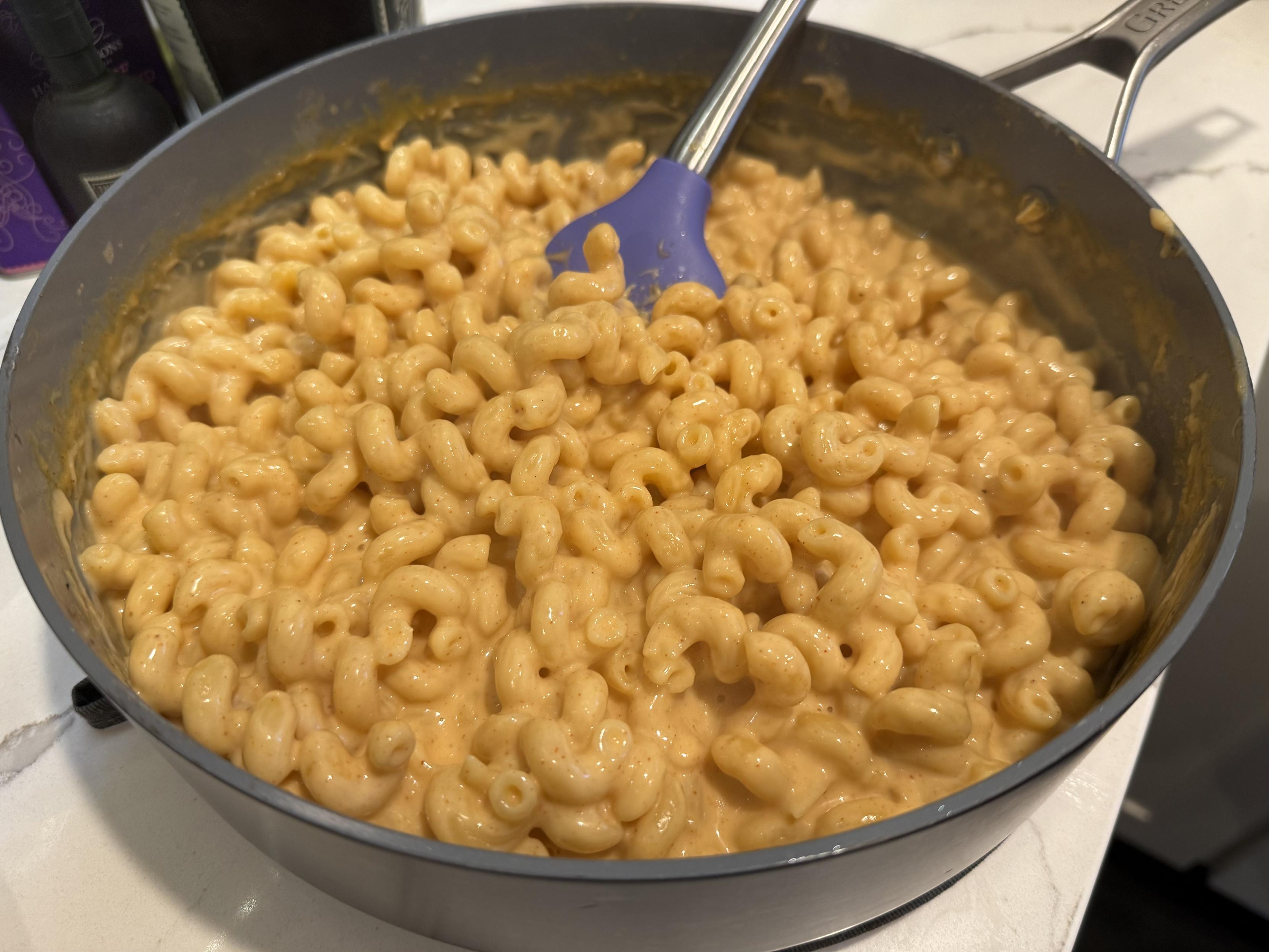 The pan of macaroni, looking incredibly gooey