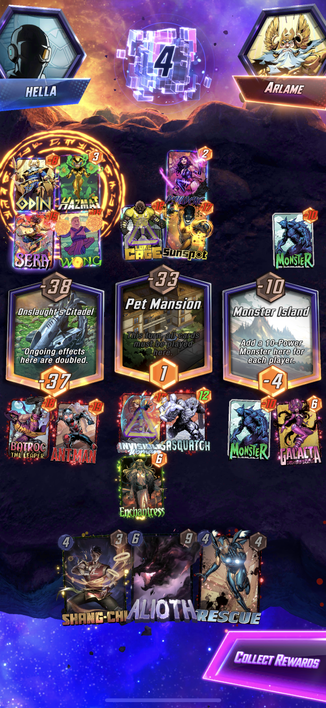 A screenshot of the mobile game Marvel Snap showing me beating a Wong/Hazmat/Odin deck with Enchantress stealing Luke’s ability. 