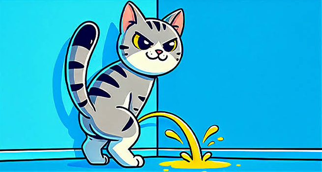 The image features a cartoon cat with a gray and black striped coat, standing on a blue floor against a blue wall. The cat has a mischievous expression, with yellow eyes and a smirk. It is urinating, with a stream of yellow liquid arching from its body onto the floor, creating a small puddle. The cat's tail is raised, and its ears are perked up. The background is a solid blue color, with no additional objects or details. The cat's posture and expression suggest a playful or cheeky demeanor.