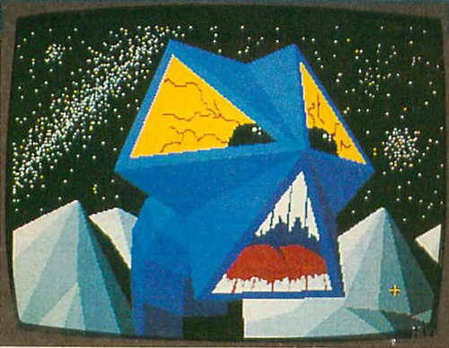 blue headed alien with a head that looks like three pyramid shapes stuck together, large triangular yellow, bloodshot eyes, an open triangulat mouth with jagged teeth. background is mountains and starry space sky.