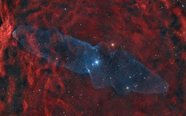 A deep-sky image showing the sprawling, faintly glowing structure of the Giant Squid Nebula (Ou4) with long, thin, blue-tinted lobes resembling a squid's arms stretching diagonally across the frame. The nebula is immersed in a wider field of reddish hydrogen emission from Sh2-129. Near the center is the bright triple star system HR8119, thought to power the outflow. Countless background stars are scattered across the dark sky.