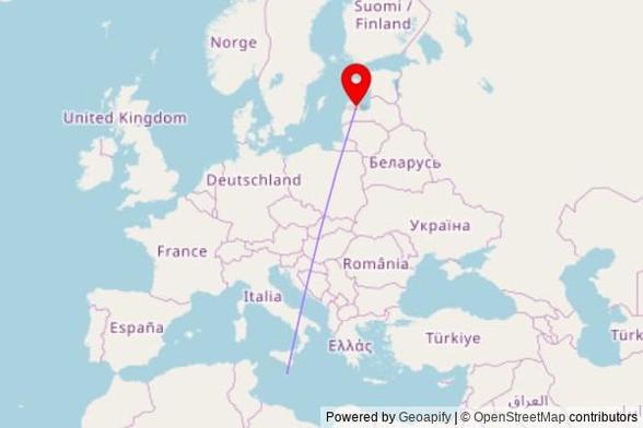 A map showing the great circle route from Birżebbuġa in Malta to a map pin at Nurmes luterāņu baznīca, Sloka — Talsi, Laucienes pagasts, LV-3285, Latvia