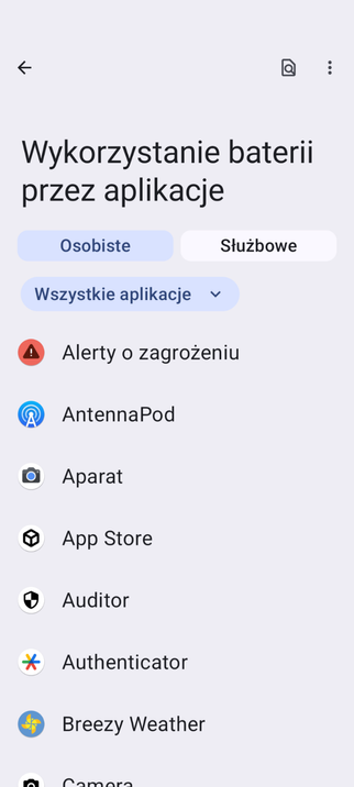 Screen z trelefonu
„Wykorzystanie baterii przez aplikacje”
i poniżej lista:
Alerty o zagrożeniu
AntennaPod
Aparat
App Store
Auditor
Authenticator
BreezyWeather