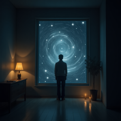 Stargazer Within

“Interior scene of a person alone in a dark room, stars visible through the open window, but also swirling inside the walls — representing the mind’s vastness, soft shadows, glowing particles, moody atmospheric style”