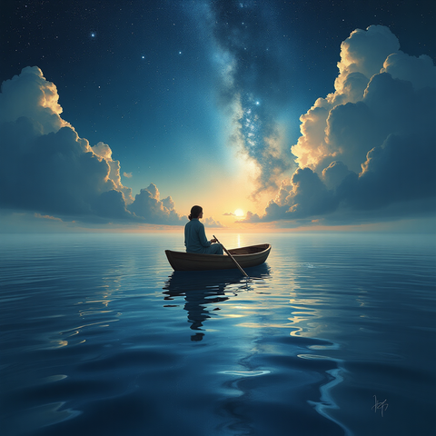 Dreamscape Navigator

“Introverted figure in a small boat sailing across a cosmic ocean, stars and dreams reflecting in the water, surrounded by silence and infinite sky — whimsical, magical realism, soft brushwork, emotional depth”