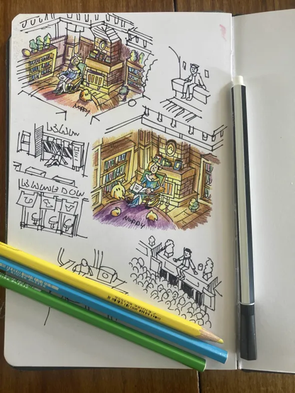 A top down shot of an open sketchbook. In it are various sketches of Rosalina in a library and some colouring pencils.