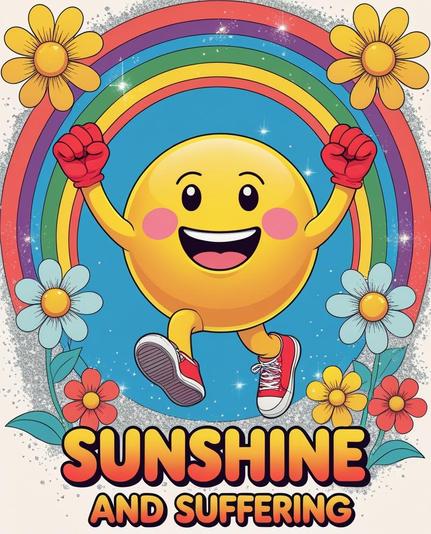 ②« Generated by LeonardoDiffusion »
Image of a rosy-cheeked ,with a yellow, round, moist-eyed face similar to the 🥺 emoji, is jumping into the sky in a joyous, victory pose, wearing bright yellow gloves and bright red sneakers. Behind the sun, a vibrant arcing rainbow unfolds, framed by whimsical cartoon-style flowers and sparkling glitter, all in a 1970s-inspired color palette. At the top, "SUNSHINE" is written in bold, stylish retro lettering, while at the bottom, "AND SUFFERING" is written in a contrasting, slightly worn font, creating a playful and ironic contrast.