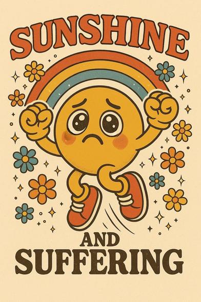 ①«Generated by MicrosoftCopilot»
A round, watery-eyed, yellow-faced character resembling a 🥺 emoji, is jumping into the sky in a joyous, victory pose, wearing bright yellow gloves and bright red sneakers. Behind the sun, a vibrant arcing rainbow unfolds, framed by whimsical cartoon-style flowers and sparkling glitter, all in a 1970s-inspired color palette. At the top, "SUNSHINE" is written in bold, stylish retro lettering, while at the bottom, "AND SUFFERING" is written in a contrasting, slightly worn font, creating a playful and ironic contrast.
#本日の成果物 #aiartcommunity 