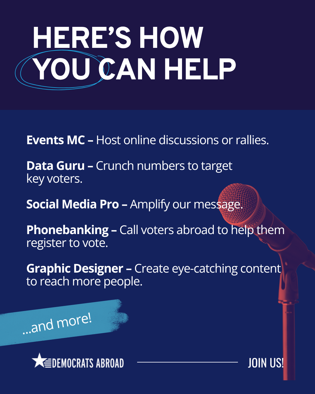 There is a large photo of a microphone in tones of red on a dark blue background. Superimposed on this it says “HERE'S HOW YOU CAN HELP
Events MC - Host online discussions or rallies.
Data Guru - Crunch numbers to target key voters.
Social Media Pro - Amplify our message.
Phonebanking - Call voters abroad to help them register to vote.
Graphic Designer - Create eye-catching content to reach more people.
…..and more!
-DEMOCRATS ABROAD
JOIN US!”