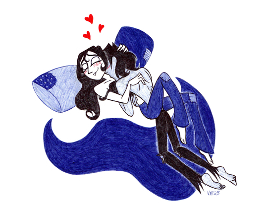 Maury Frankenstein lovingly kissing Riley Sawyer's neck as they lie on a pair of patchwork pillows and a blue blanket, Riley's top a little disheveled.