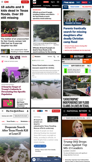 A 3x3 grid of the mobile front pages of CNN, AP News, Fox News, Slate, Reuters, Breitbart, New York Times, NPR, and National Review. The screenshots were taken on July 5th, 2025, at about 11:30 AM ET.