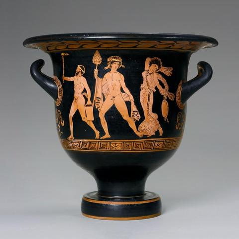 Bell krater with a red-figure vase painting of Dionysos, a Maenad, and a bearded satyr carrying a torch.