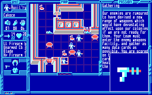 The team advance further, with some having a peek around the corner. Cakoce's Laser Pistol is enlarged in the inset.