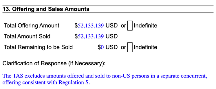 Image shows 13. Offering and Sales Amounts $52,133,139 and the note: "The TAS excludes amounts offered and sold to non-US persons in a separate concurrent, offering consistent with Regulation S." from the World Liberty Financial July 3 Form D filing