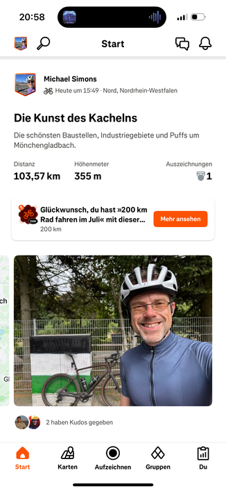 Screenshot of my Strava activity with the the title „Die Kunst des Kachelns“ (the art of tiling) and the description „ Die schönsten Baustellen, Industriegebiete und Puffs um Mönchengladbach.“ (die nicest road works, industrial areas and brothels around Mönchengladbach)