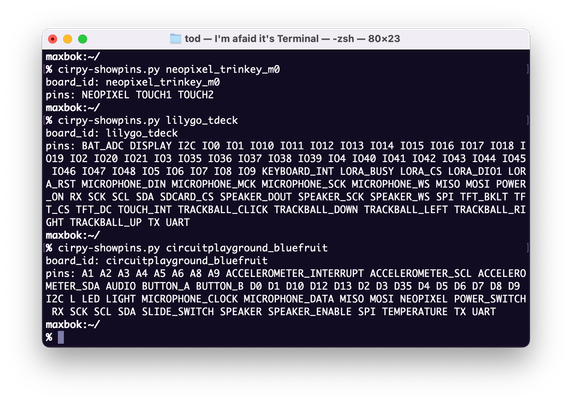 screenshot of terminal run of circpy-showpins with the output from three different boards