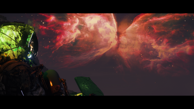 Sam in a space suit in death stranding 2 looking at a giant cosmic butterfly in the night.