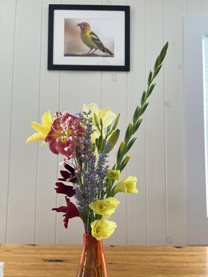 a bouquet from my garden
red gladiolas, yellow gladiolas, lavender, yellow daylilies, orange/red daylilies, and the tiny pink flowers of heuchera 
on the wall behind the bouquet is a photo of a goldfinch, taken by a friend