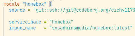 module "homebox" {
source = "git: :ssh://git@codeberg.org/cichy1173
service_name = "homebox”
inage_name = "sysadminsmedia/homebox: latest”
