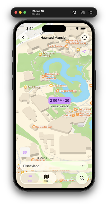 Screenshot of an app with a Map showing the title “Haunted Mansion” in Galaxy’s Edge part of Disneyland.