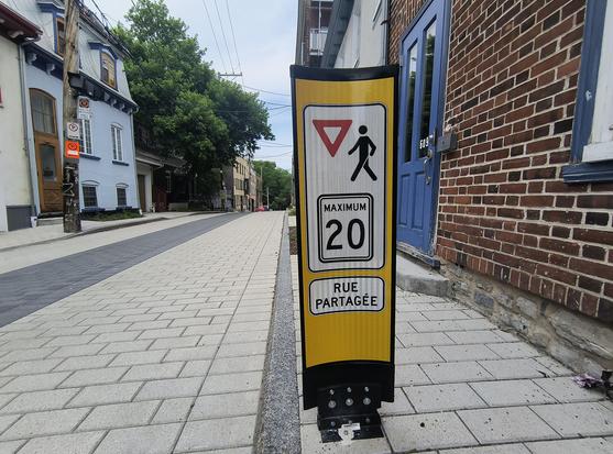 "Calle compartida", i.e., las personas pueden, al menos en teoría, caminar enmedio de la calle sin sentirse presionadas por automovistas quienes deben desplazarse a un máximo de 20 km/h y siempre respetar a quienes van a pie. Las losas rectangulares en dos tonos de gris son particulares de este tipo de calle.