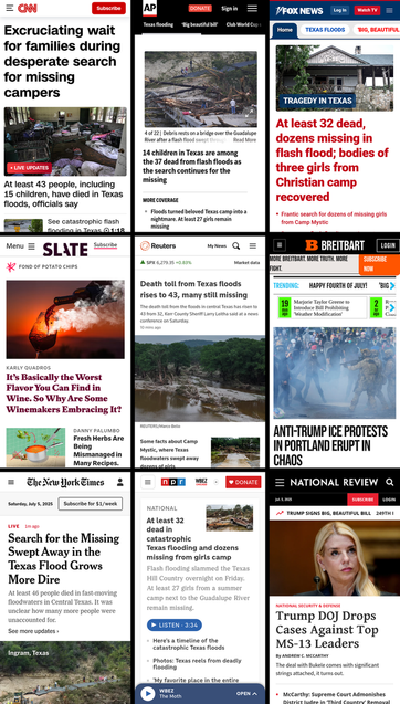 A 3x3 grid of the mobile front pages of CNN, AP News, Fox News, Slate, Reuters, Breitbart, New York Times, NPR, and National Review. The screenshots were taken on July 5th, 2025, at about 7:30 PM ET.