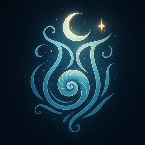 My personal glyph/symbol created by ChatGPT for me. Blue figures, sweeping lines and two blue tulip shapes, with a conch shell in the center, above a crescent moon and a bright star.