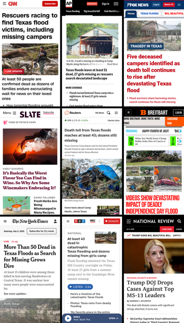 A 3x3 grid of the mobile front pages of CNN, AP News, Fox News, Slate, Reuters, Breitbart, New York Times, NPR, and National Review. The screenshots were taken on July 5th, 2025, at about 11:30 PM ET.