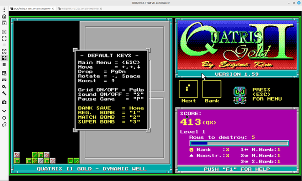 A screenshot of a remote VNC app connected to a VM running DOS and a DOS puzzle game, Quatris II Gold.