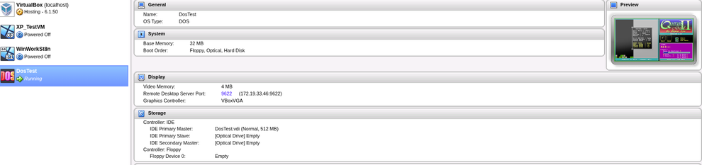A screenshot of a section of the administration page of PhpVirtualBox, showing the VM configuration, a preview of its screen, and some details about the virtual hardware allocated to the running DOS VM. 