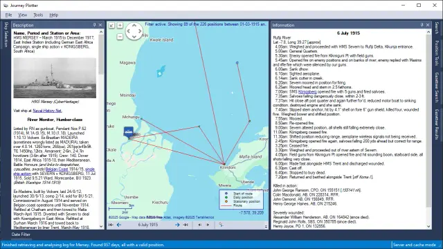 Screenshot of Journey Plotter showing the 1915 journey of HMS Mersey, and the events recorded in her log-book for 6 July 1915.